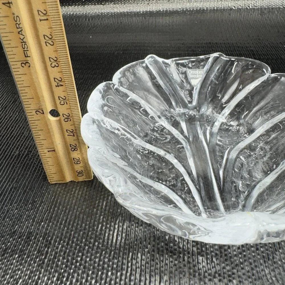 Orrefors Sweden EDEN Clear Glass Crystal‎ Dish Bowl Leaf Shaped W Sticker VTG